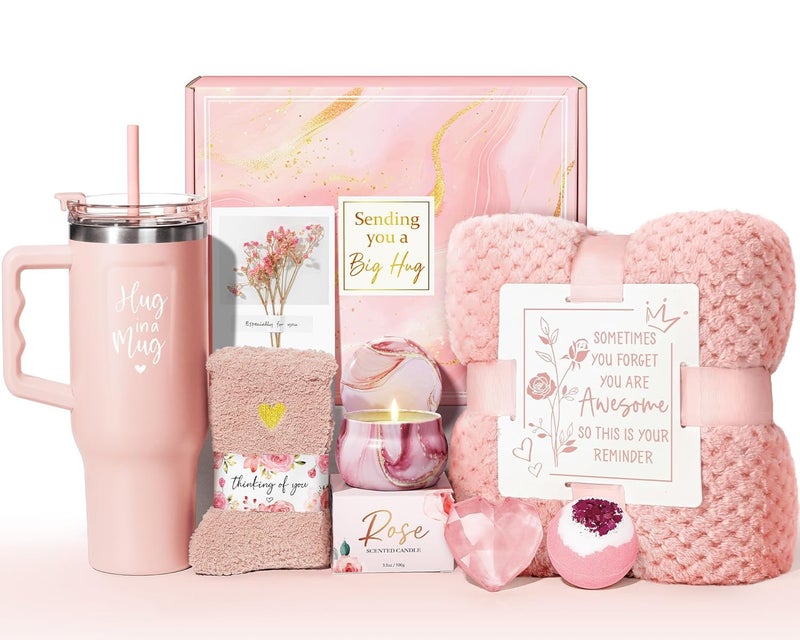 Qinline Birthday Gifts for Women Self Care Get Well Soon Gifts, Rose Relaxing Spa Kit Bath Gift Basket Care Package w/ Flannel Blanket 40 OZ Tumbler, Valentines Day Gift for Her Wife Mom Girlfriend Sister - Image 1